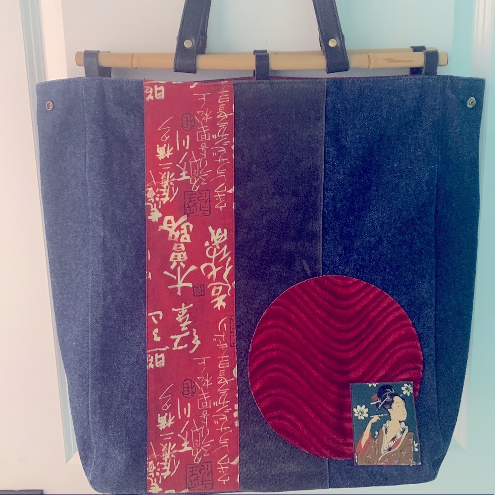 Diane Gail, Lge  knitting denim red patch tote